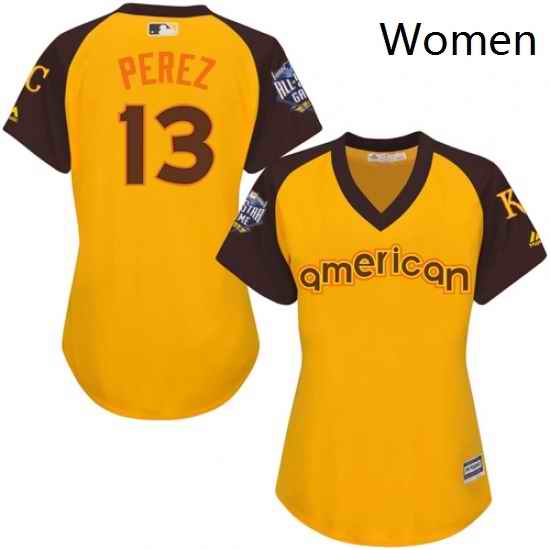 Womens Majestic Kansas City Royals 13 Salvador Perez Authentic Yellow 2016 All Star American League BP Cool Base MLB Jersey